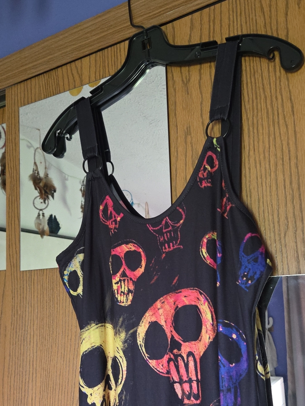 Black Skull Print Slip On Dress with Neon Accents - Picture 3 of 6